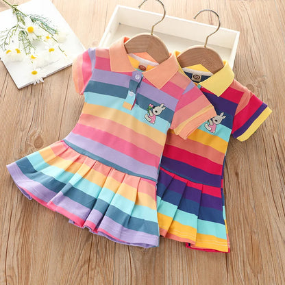 Cartoon rabbit rainbow strip baby girl dress