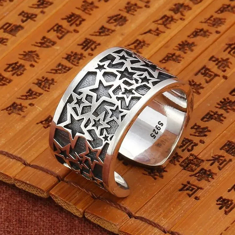 925 Sterling Silver Retro Hollow Wave Punk Hiphop Bohemia Rings