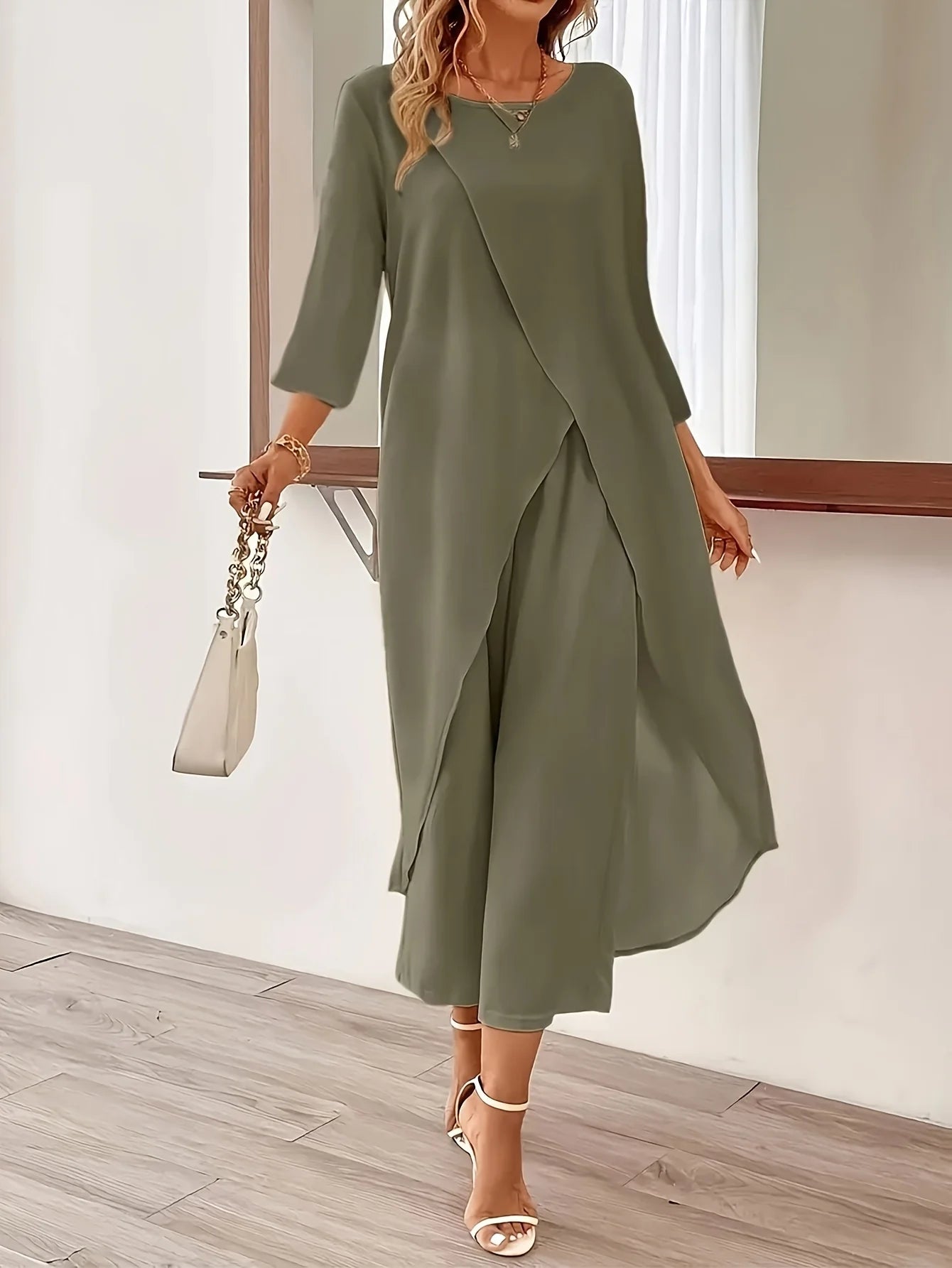 Plus Size Casual Round Neck Long Sleeved Slit Wide Leg Pants Set
