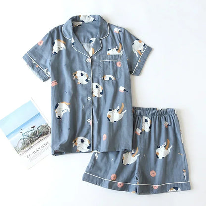 Japanese 100% Cotton Gauze Thin Short-sleeved Shorts Cute Cat Cartoon Pajama Set