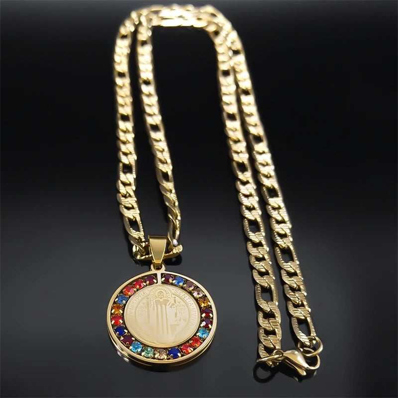 Colorful Crystal Saint Benedict Medal Necklace