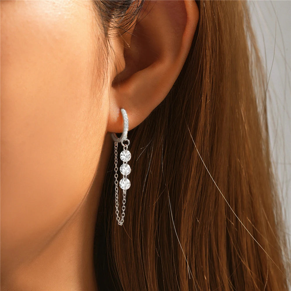 925 Sterling Silver Three Zircon Drop Long Chain Gold Hoop Buckle Piercing Earrings