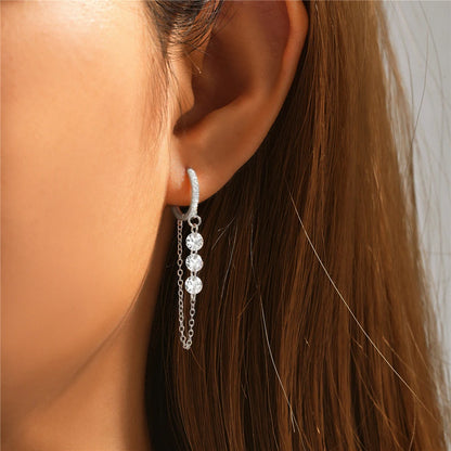 925 Sterling Silver Three Zircon Drop Long Chain Gold Hoop Buckle Piercing Earrings