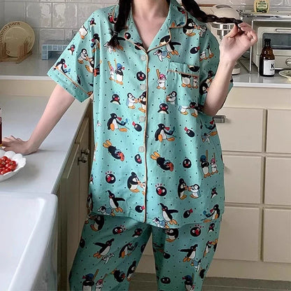 Kawaii Cute Cartoon Little Penguin Print Milk Silk Homewear Sleepwear Pajamas