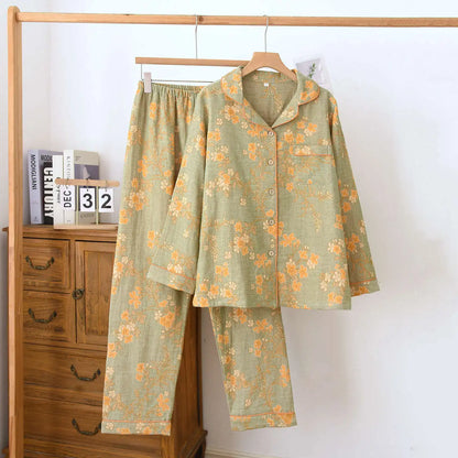 Suit Long-sleeved Trousers 100% Cotton Crepe Flower Leaves Pajama Sets