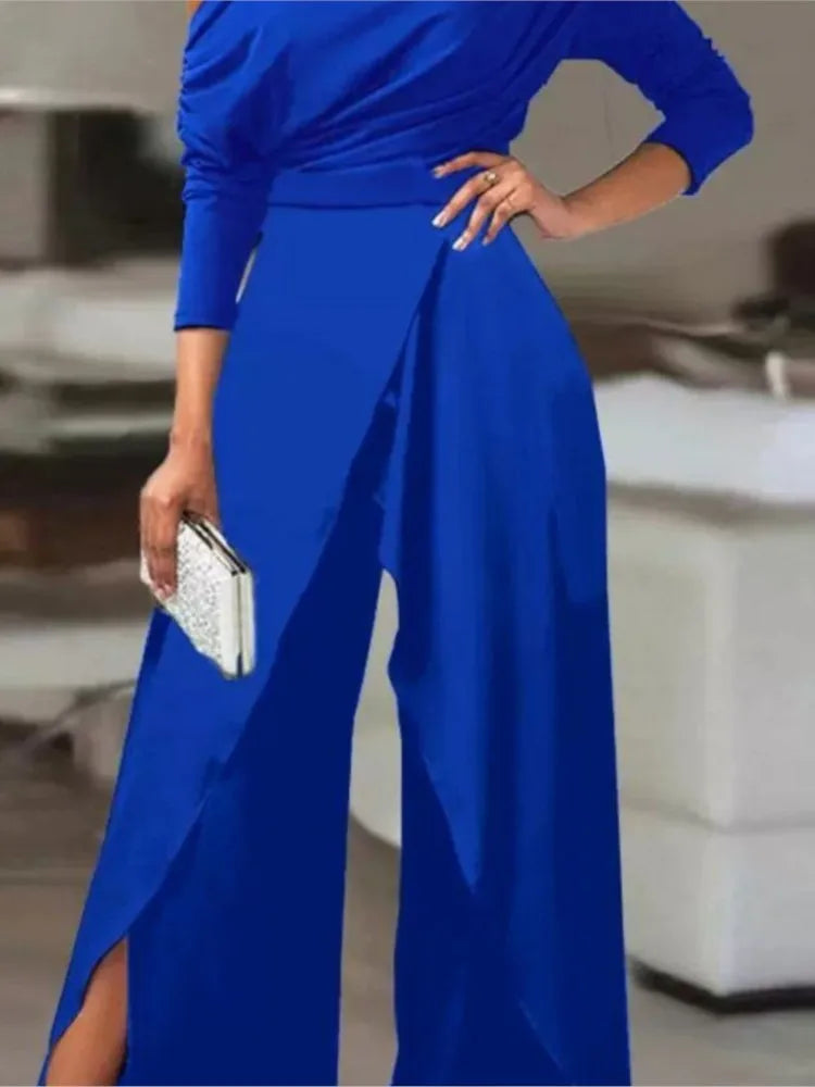 Off Shoulder Long Sleeves High Waist Wide Leg Jumpsuit