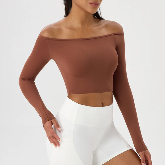 Sexy Off Shoulder Yoga Top Long Sleeve Gym Running Shirt