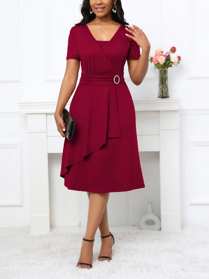 Short Sleeve Square Neck Casual Wrap Fit And Flare Swing Midi Dress