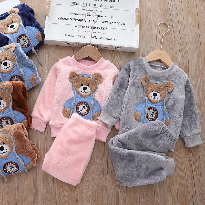 Autumn/Winter Cartoon Bear Warm Pajama Set  0-5 Years Old