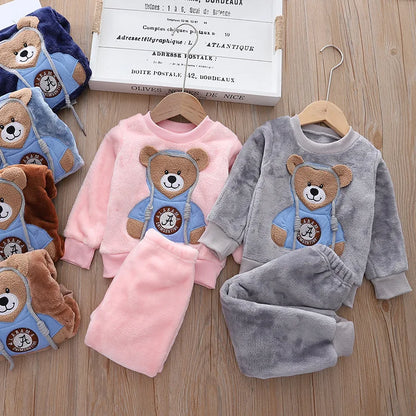 Autumn/Winter Cartoon Bear Warm Pajama Set  0-5 Years Old