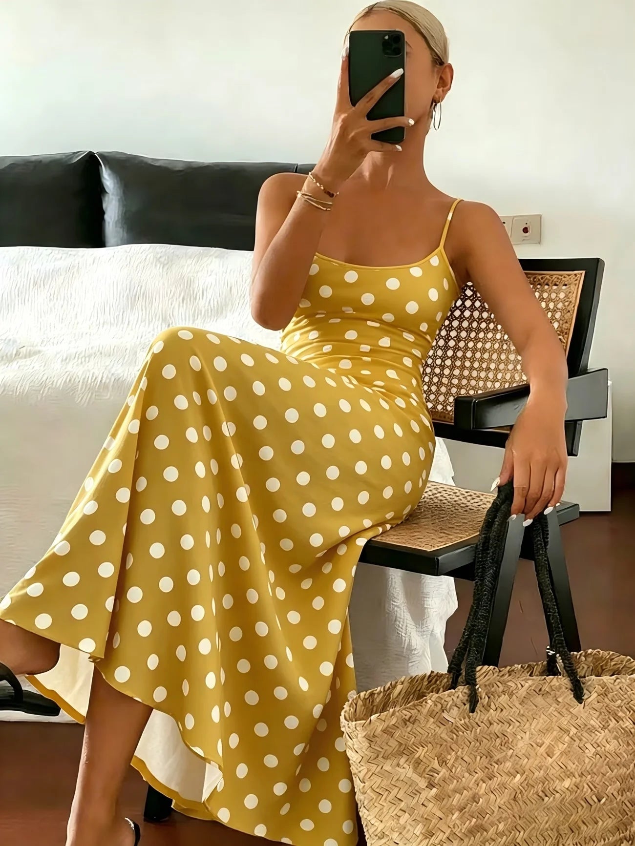Elegant Polka Dot Print Slimming Midi Dress