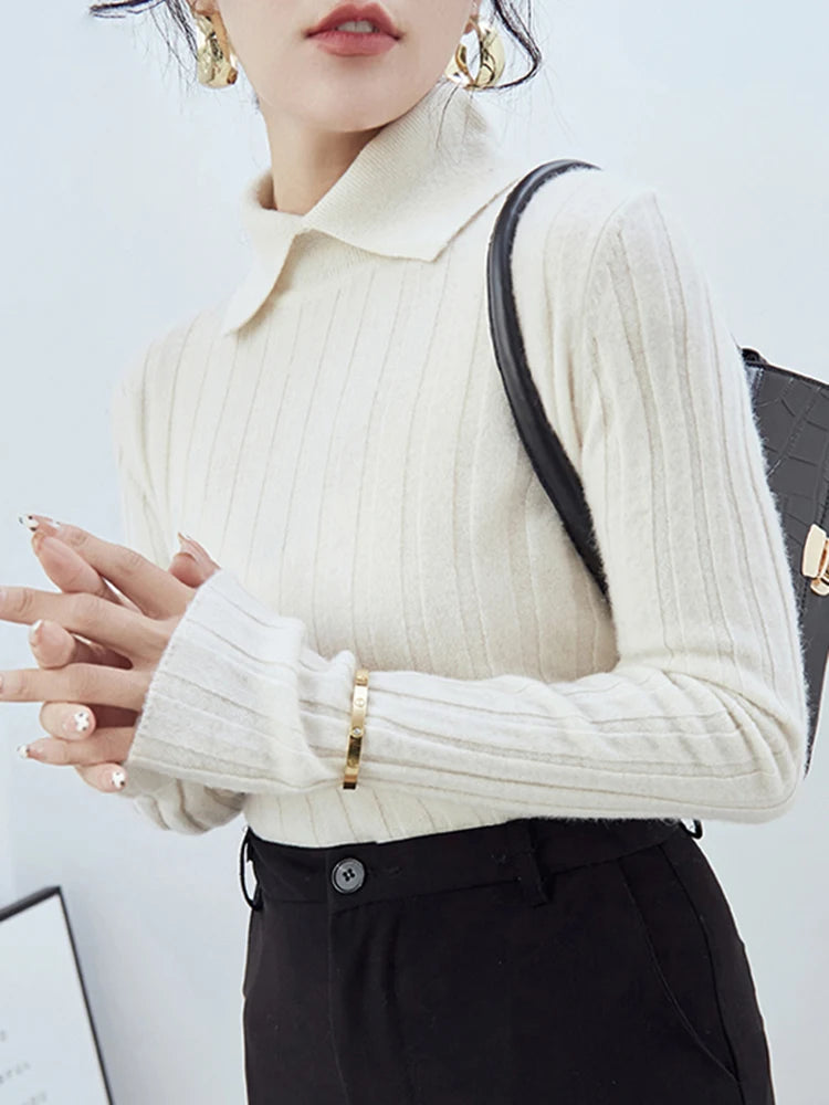 Polo Collar Knitted Sweater Long Sleeve Slim Fit Pullovers