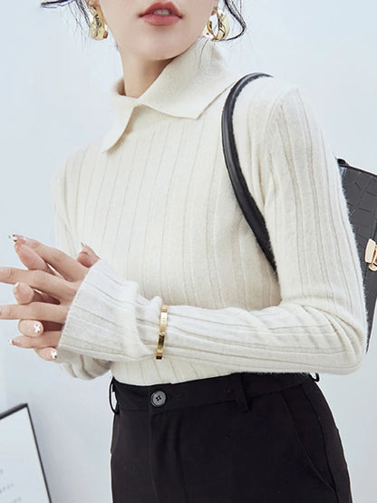 Polo Collar Knitted Sweater Long Sleeve Slim Fit Pullovers