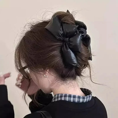 Black Leather Statement Bow Hair Clip
