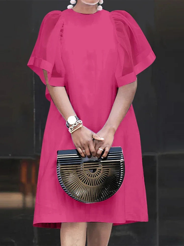 Mesh Patchwork Sundress Mini Ruffle Short Sleeve Dress