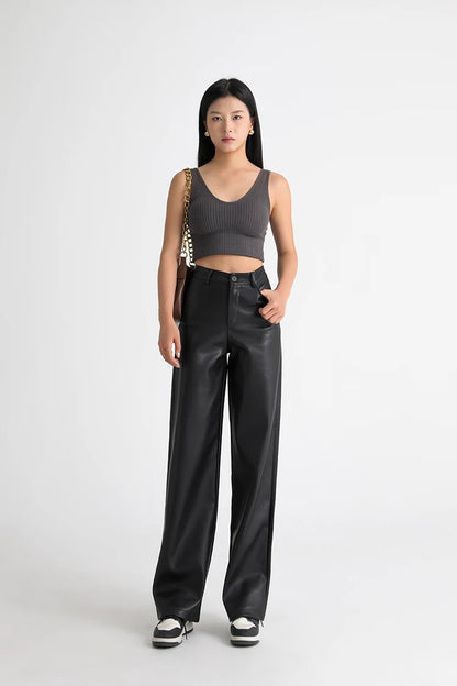 Fall Winter Fleece Loose Wide Leg Leather Pants