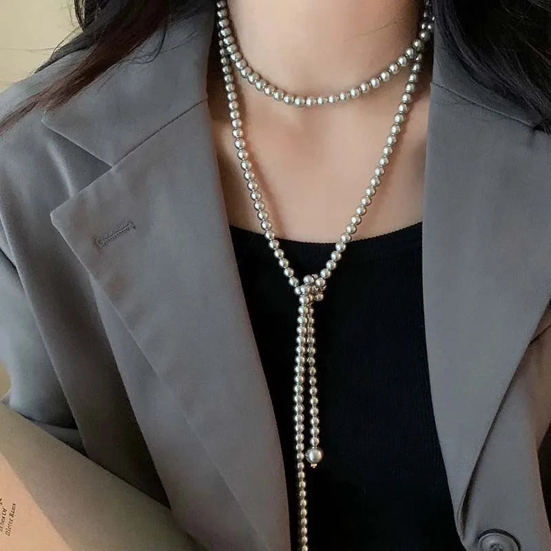 Vintage Imitation Pearl Long Chain Necklace