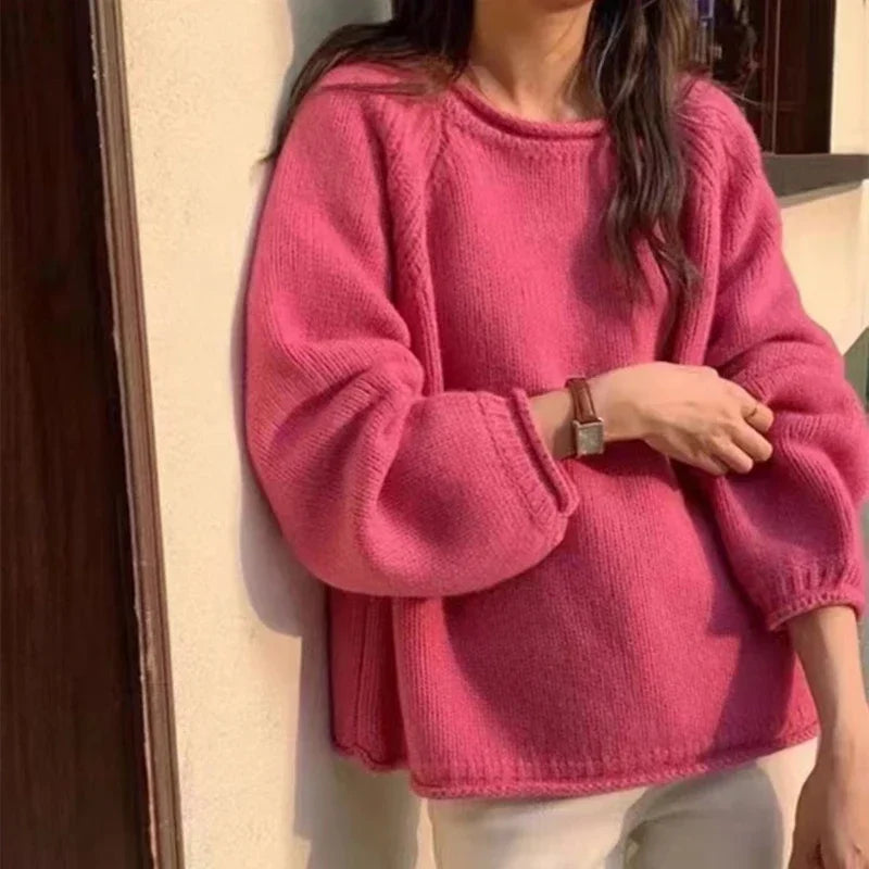 Casual O-Neck Loose Knitted Base Top Long Sleeved Jumper Pullover Sweater