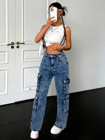 Street Multi Flap Pockets Tape Elastic Waist Straight Leg Cargo Jeans