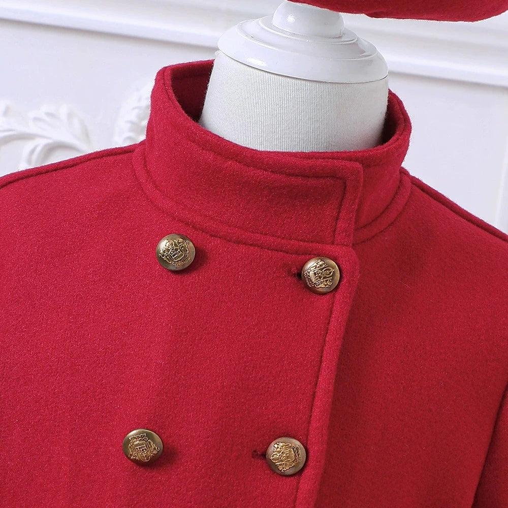 Red Fleece Coat Beret Winter Long Sleeves Warm Princess Outfit Dress