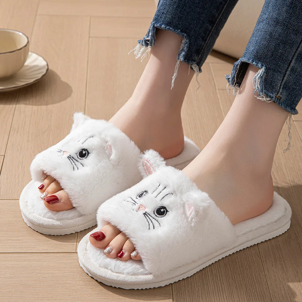 Fluffy Flat Cat Cartoon Luxury Slippers