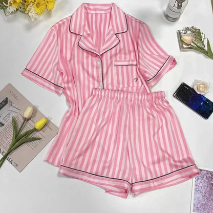 Cardigan Striped Short-Sleeved Short Pyjamas Set