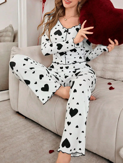 Heart Print Long Sleeve Pyjamas Set