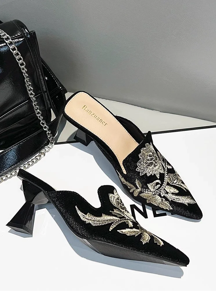 Elegant Velvet Mule Heels Pointed Toe Cone Heel Shoes