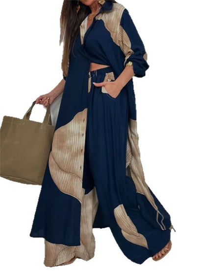Casual Color Blocked Loose Shirt Top and Pants Two-piece Set