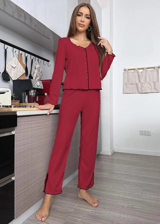 Pit strip cardigan long-sleeved loungewear Pajama Sets