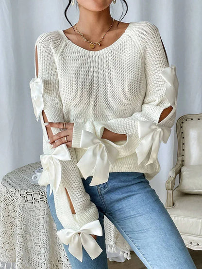 Bow Out Raglan Sleeves Knit Round Neck Minimalist Sweater