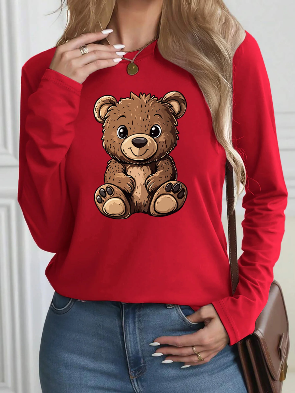 100% Pure Cotton Loose Letter Dog Print Round Neck Long Sleeved T-Shirt