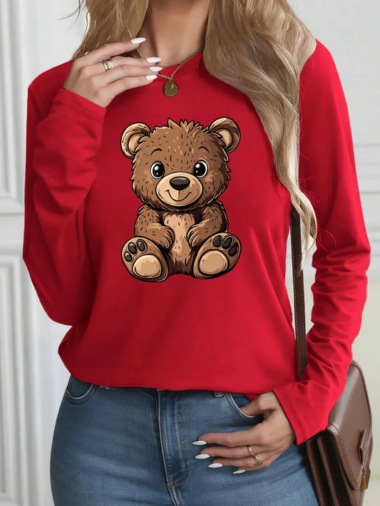 100% Pure Cotton Loose Letter Dog Print Round Neck Long Sleeved T-Shirt