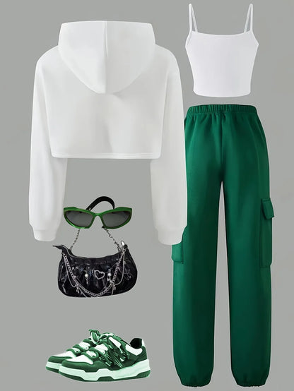 3-Piece "BROOKLYN" Print Cropped Hoodie Tank Top & Green Cargo Sweatpants Set