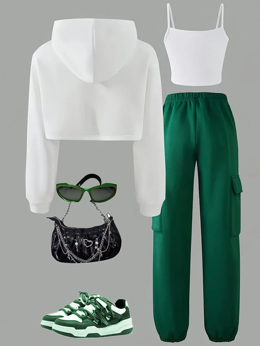 3-Piece "BROOKLYN" Print Cropped Hoodie Tank Top & Green Cargo Sweatpants Set