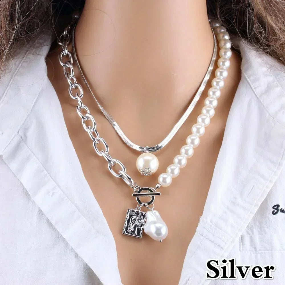 Vintage Baroque Pearl Square Pendant Alloy Pearl Necklace