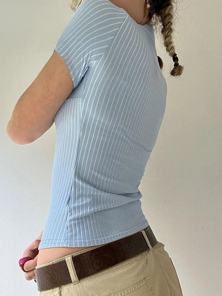 Sweetown Blue Stripe Short Sleeve Shirts