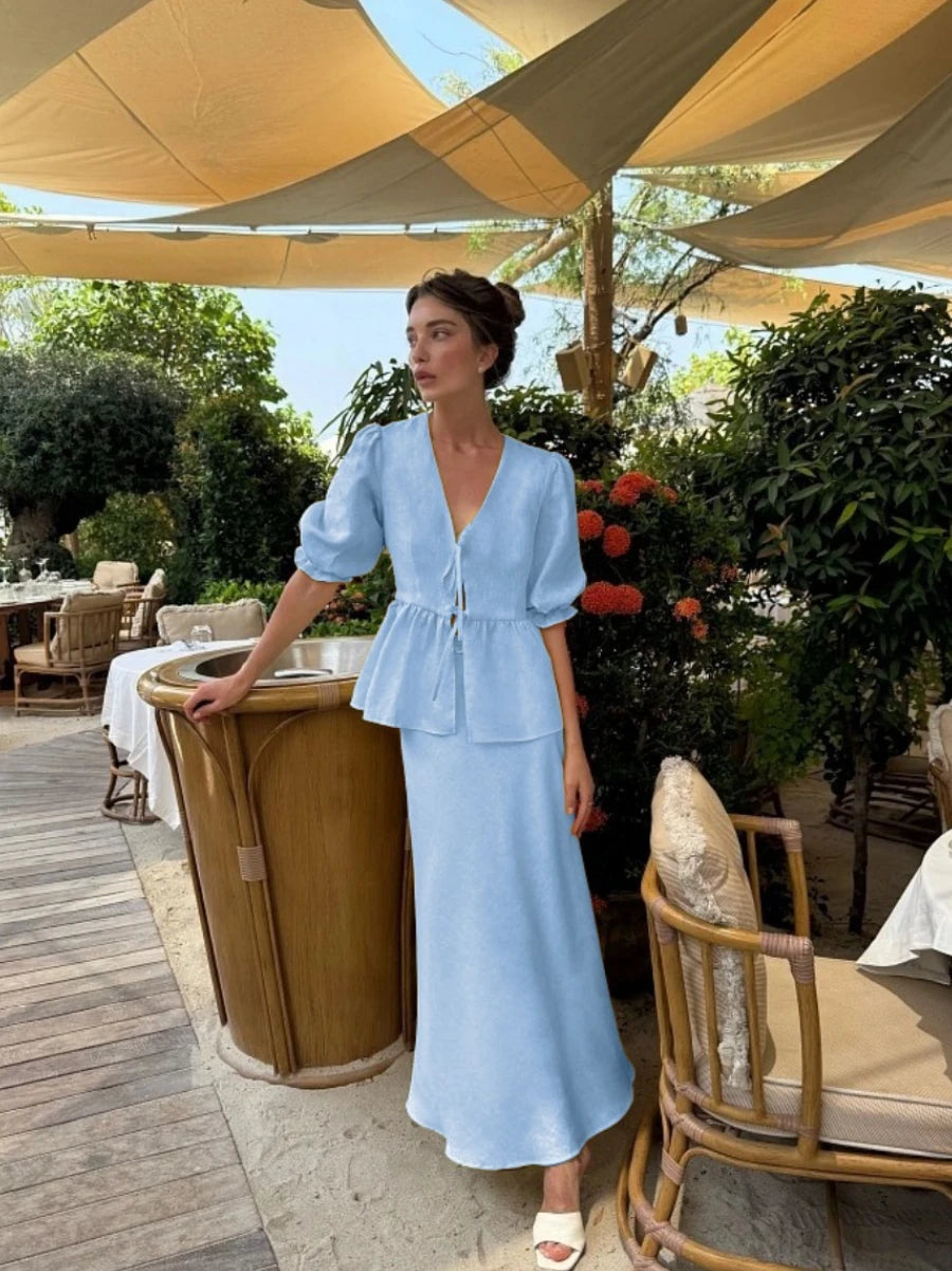100% Cotton Bubble Sleeve Shirt  Long Skirt Set