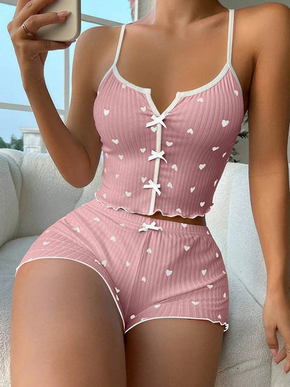 Floral Print Spaghetti Strap V Neck Shorts Sleepwear