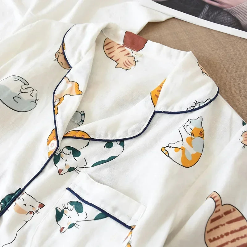 Japanese 100% Cotton Gauze Thin Short-sleeved Shorts Cute Cat Cartoon Pajama Set