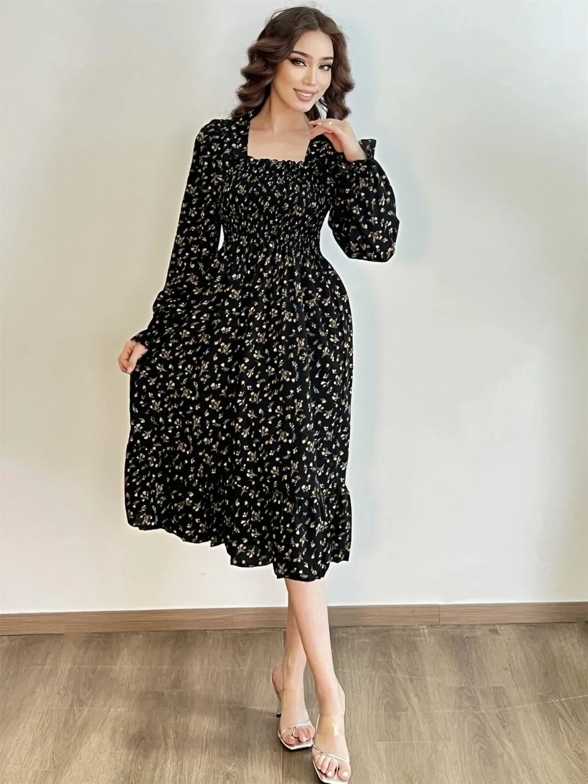 Long Sleeve Casual Chiffon Floral Elastic Chest Lace Up Midi Dress