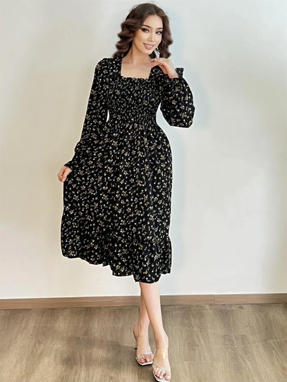 Long Sleeve Casual Chiffon Floral Elastic Chest Lace Up Midi Dress