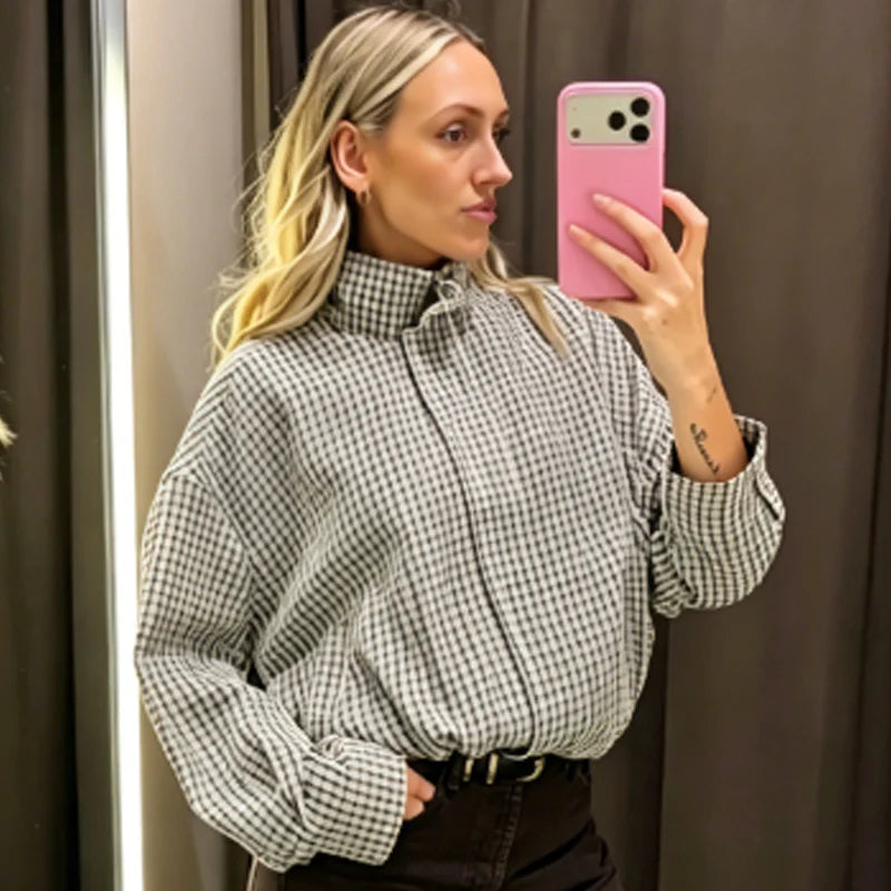 Plaid Bomber Oversized Long Sleeve Top Casual Zipper Jacket