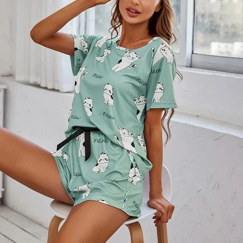 Short Sleeve Nightwear Cartoon Print Pyjamas Set