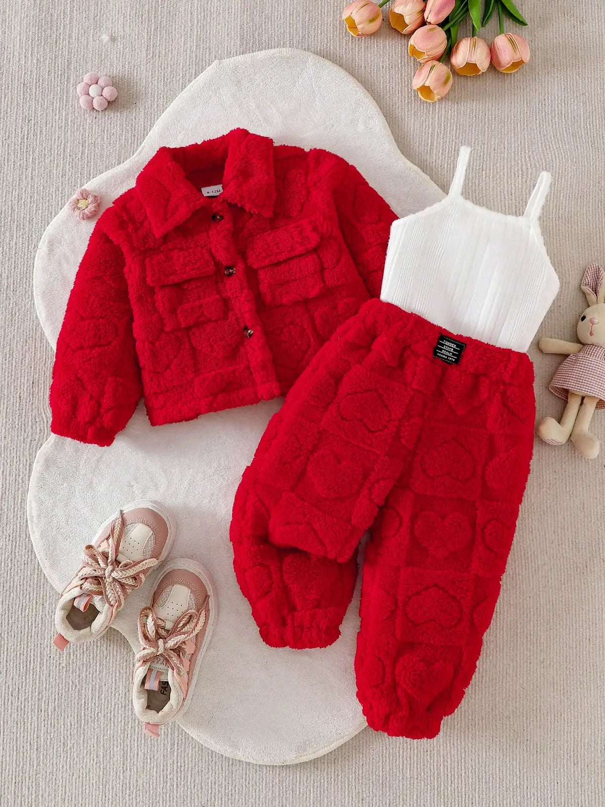 Baby girl casual pink plush long sleeved jacket Set