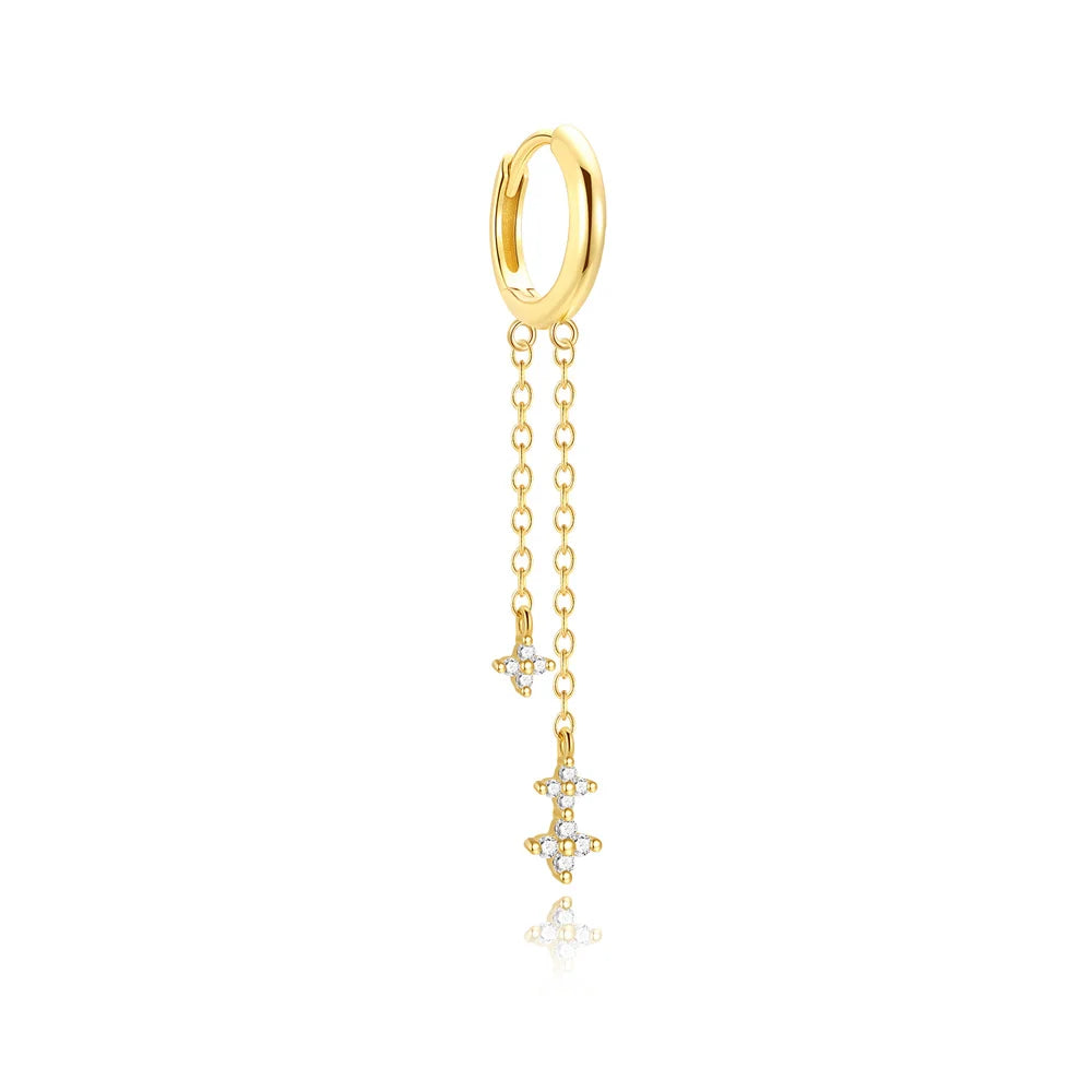 925 Sterling Silver Three Zircon Drop Long Chain Gold Hoop Buckle Piercing Earrings