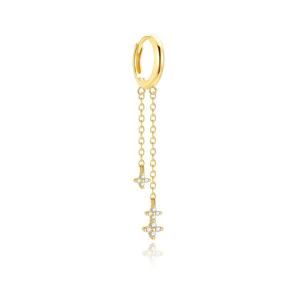 925 Sterling Silver Three Zircon Drop Long Chain Gold Hoop Buckle Piercing Earrings
