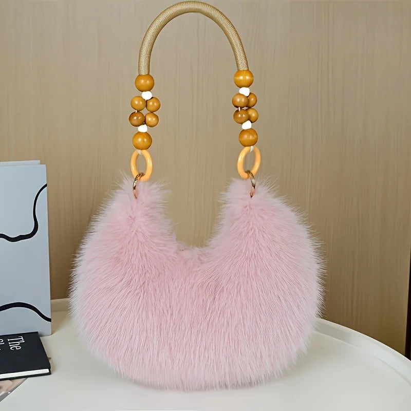 Plush Faux Tote Bead Accented Strap Zipper Closure Elegant Handbags