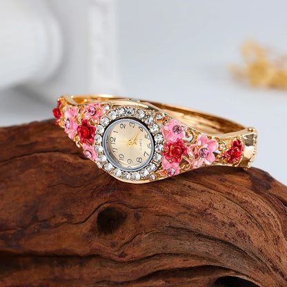 Luxury Watches Retro Elegant Flower Diamond Stainless Steel Quartz Wristwatches