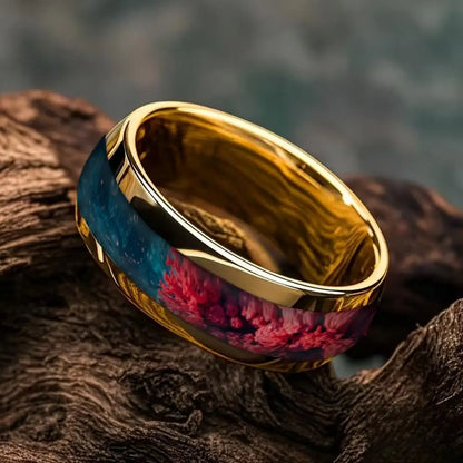 8MM Gold Stainless Steel Domed Red and Blue Stone Inlay Rings